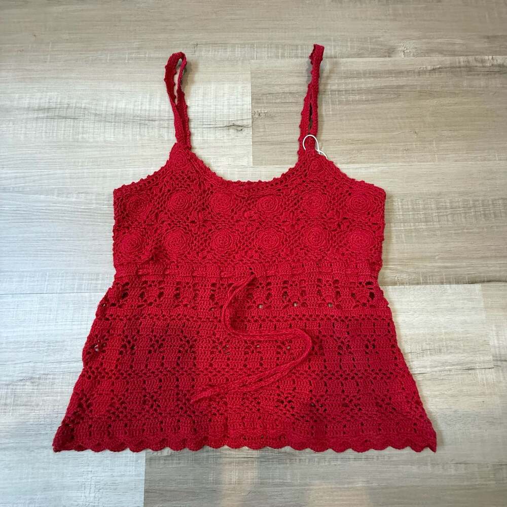 Y2K Red Crochet Sleeveless Tie-Waist Tank Top Size Small